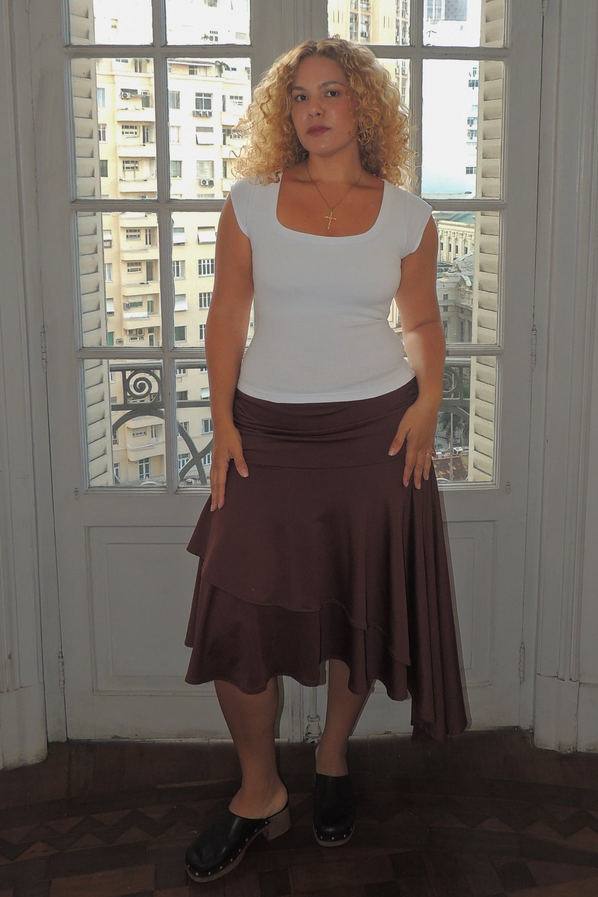 Blusa Manguinha Decote Redondo Longa