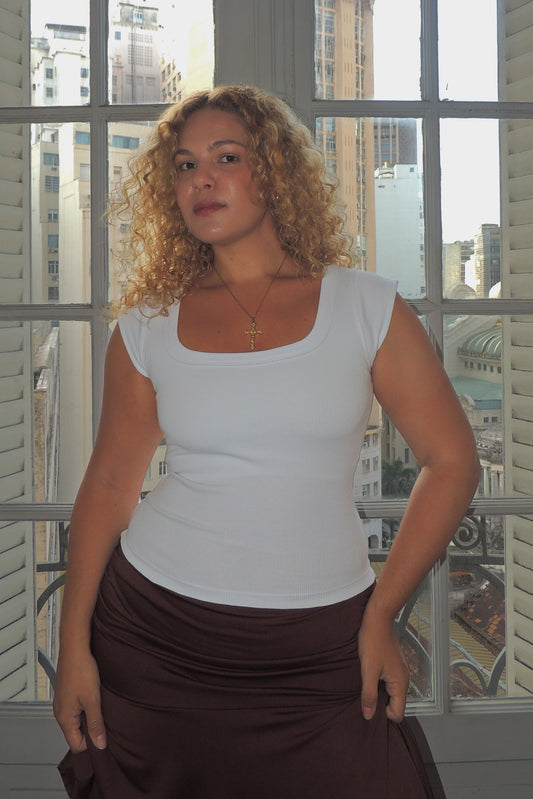 Blusa Manguinha Decote Redondo Longa